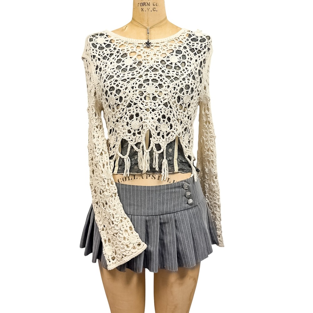 Boho Cream Crochet Fringe Sweater Top Long Sleeve Open Knit Elevated S Coastal